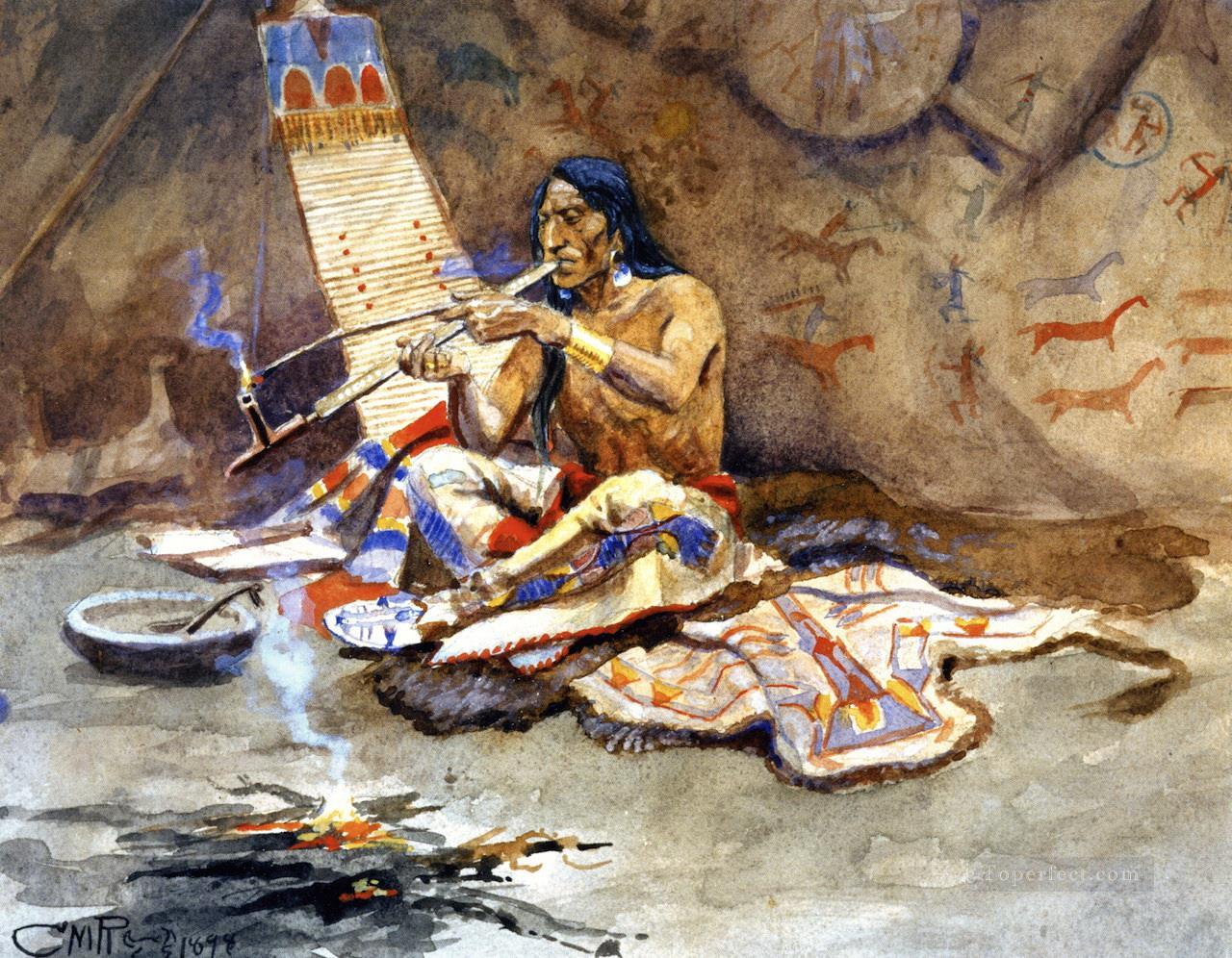the peace pipe 1898 Charles Marion Russell American Indians Oil Paintings